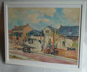 Klaas Pijlman - Ingelijste aquarel , “Huizen in aanbouw in Egmond aan Zee” – 1955 kopen? Bied vanaf 50!