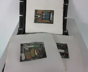 Michel van Overbeeke - Etsplaat met meerdere afdrukken in houten kistje / omslag, Different Houses kopen? Bied vanaf 150!