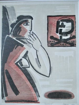 Yvan Theys - Ingelijste houtsnede "Peinzend" kopen? Bied vanaf 60!