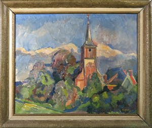 Henk van den Idsert - Olieverf op doek, Landschap met kerktoren - Ingelijst kopen? Bied vanaf 150!