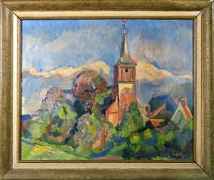 Henk van den Idsert - Olieverf op doek, Landschap met kerktoren - Ingelijst verkocht voor € 150!