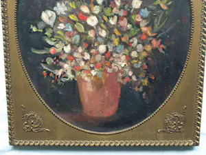 Niet of onleesbaar gesigneerd - Ovaal ingelijst , Olieverf op doek , Bloemstilleven – ca. 1950 kopen? Bied vanaf 1!