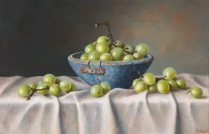 Annelies Jonkhart - Olieverf op paneel, Blauwe schaal met druiven - Ingelijst kopen? Bied vanaf 250!