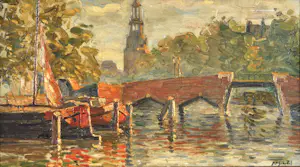 Anthonie Pieter Schotel - Grachtgezicht met brug en zeilschip - Olie op paneel - Gesigneerd - 37x62 cm kopen? Bied vanaf 690!