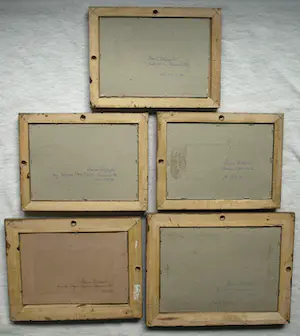 Niet of onleesbaar gesigneerd - 5 Gesigneerde ingelijste schilderijtjes / gouaches , De Ingang / Entree – 1996 kopen? Bied vanaf 1!