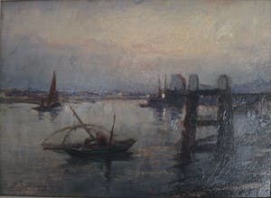 Jules Lentrein - Vissersbootje bij staketsel bij valavond kopen? Bied vanaf 250!