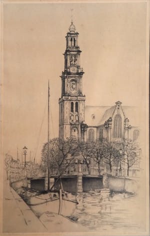 Niet of onleesbaar gesigneerd - Westerkerk Amsterdam vanaf Prinsengracht - ets kopen? Bied vanaf 1!
