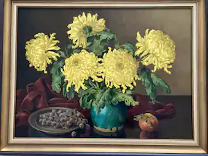 Joan van Gent - Stilleven met gele chrysanten en fruitschaal op tafel met tafelkleed verkauft für € 200!