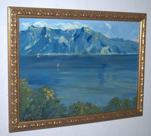 Niet of onleesbaar gesigneerd - olieverf 1e helft 20eE, mogelijk Frans - uitzicht op water en bergen kopen? Bied vanaf 10!