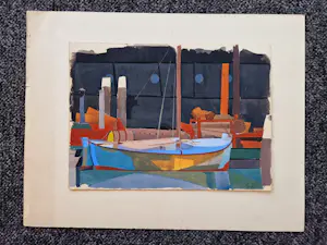 Siep van den Berg - Figuratieve jaren 50 Gouache "haven met boten bij avond" gesigneerd kopen? Bied vanaf 60!