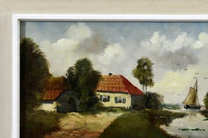 Niet of onleesbaar gesigneerd - "Zicht op dorp aan vaart met boerderijen, kerk en zeilschip" - olieverf opdoek kopen? Bied vanaf 10!