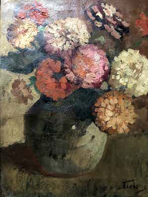 George Tielens - Bloemen in vaas - Olieverf op Doek, Ingelijst verkocht voor € 199!