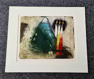 Michel van Overbeeke - Fraaie grote kleuren ets "mountain sticks" bep.oplage (14/30) - gesigneerd vendu pour 40€ !