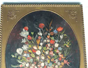 Niet of onleesbaar gesigneerd - Ovaal ingelijst , Olieverf op doek , Bloemstilleven – ca. 1950 kopen? Bied vanaf 1!