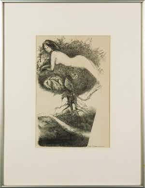 Mieke Slokkers-Wiegeraad - Litho, Z.T. Vrouw in boom - Ingelijst verkocht voor € 35!