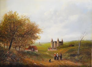 Niet of onleesbaar gesigneerd - Een glooiend landschap met figuren op een zandpad, boerderijen en een kasteel kopen? Bied vanaf 1!