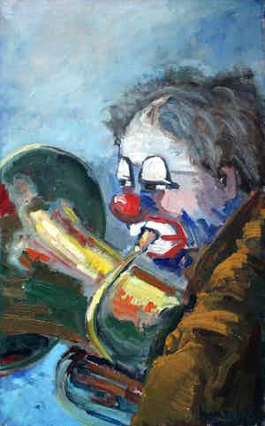 Juan Soler - Acryl op doek - Clown met eufonium "Payaso" - 1965 verkocht voor € 299!