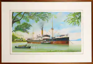 Martin Heere - Aquarel, S.S. Sidajoe voor anker - Ingelijst verkauft für € 200!