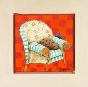 Susan Ruiter - Acrylverf op doek, Z.T. (Twee poezen bij een fauteuil) - Ingelijst kopen? Bied vanaf 1!