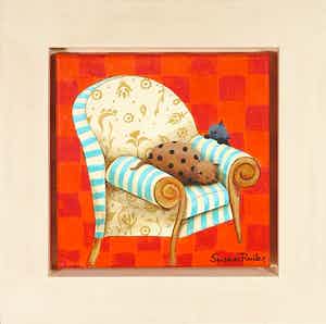 Susan Ruiter - Acrylverf op doek, Z.T. (Twee poezen bij een fauteuil) - Ingelijst verkocht voor € 1!