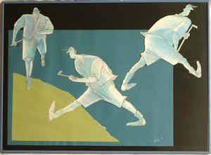 Guido van Driel - Ingelijste collage & tekening , “Golfers 2” – 1993 verkocht voor € 90!