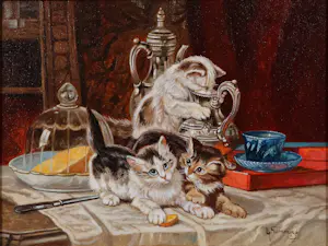 Buy Albert Temming - Olieverf op doek, Katten op tafel - Ingelijst? Bid from 100!