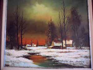 Niet of onleesbaar gesigneerd - Olie verf op doek, Winter landschap verkocht voor € 1!