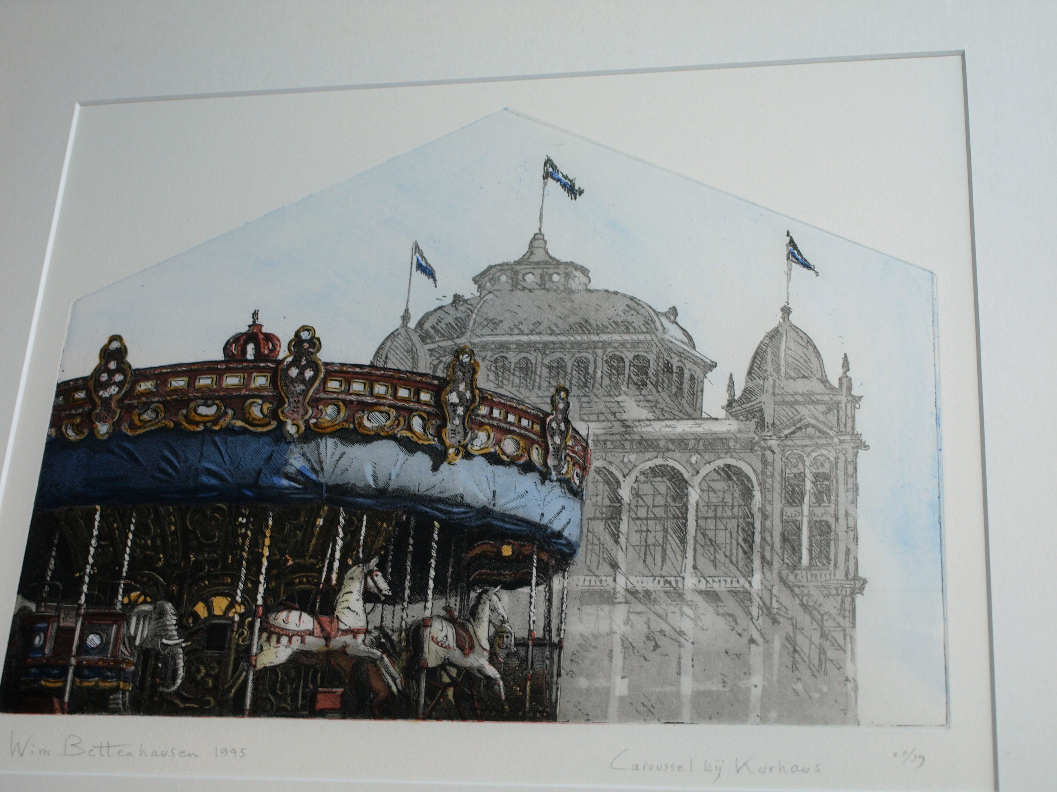 Wim Bettenhausen - Ets , Carousel bij Kurhaus , Scheveningen – ingelijst – 1995 kopen? Bied vanaf 75!