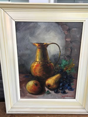 Jan Kelderman - Stilleven met een Kan en een Appel en een Peer en Druiven kopen? Bied vanaf 50!