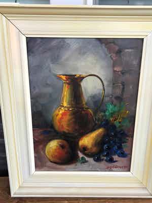 Jan Kelderman - Stilleven met een Kan en een Appel en een Peer en Druiven verkocht voor € 50!