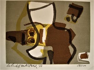 Gerard Schaperkotter - Linoleumsnede in 4 kleuren + abstracte ETS - 1977 - gesigneerd kopen? Bied vanaf 1!