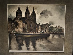 Niet of onleesbaar gesigneerd - Grote, omstreeks 1920 vervaardigde ETS "Amsterdam PH kade NicolaasKerk - gesign. kopen? Bied vanaf 1!