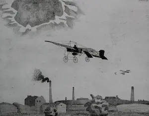 Herman Berserik - Ets: Vliegtuig boven landschap - 1972 kopen? Bied vanaf 75!