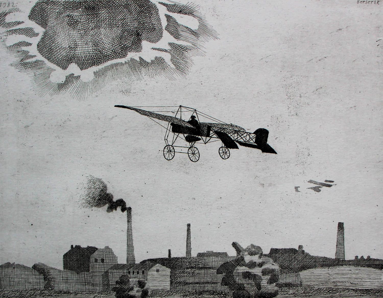 Herman Berserik - Ets: Vliegtuig boven landschap - 1972 kopen? Bied vanaf 75!