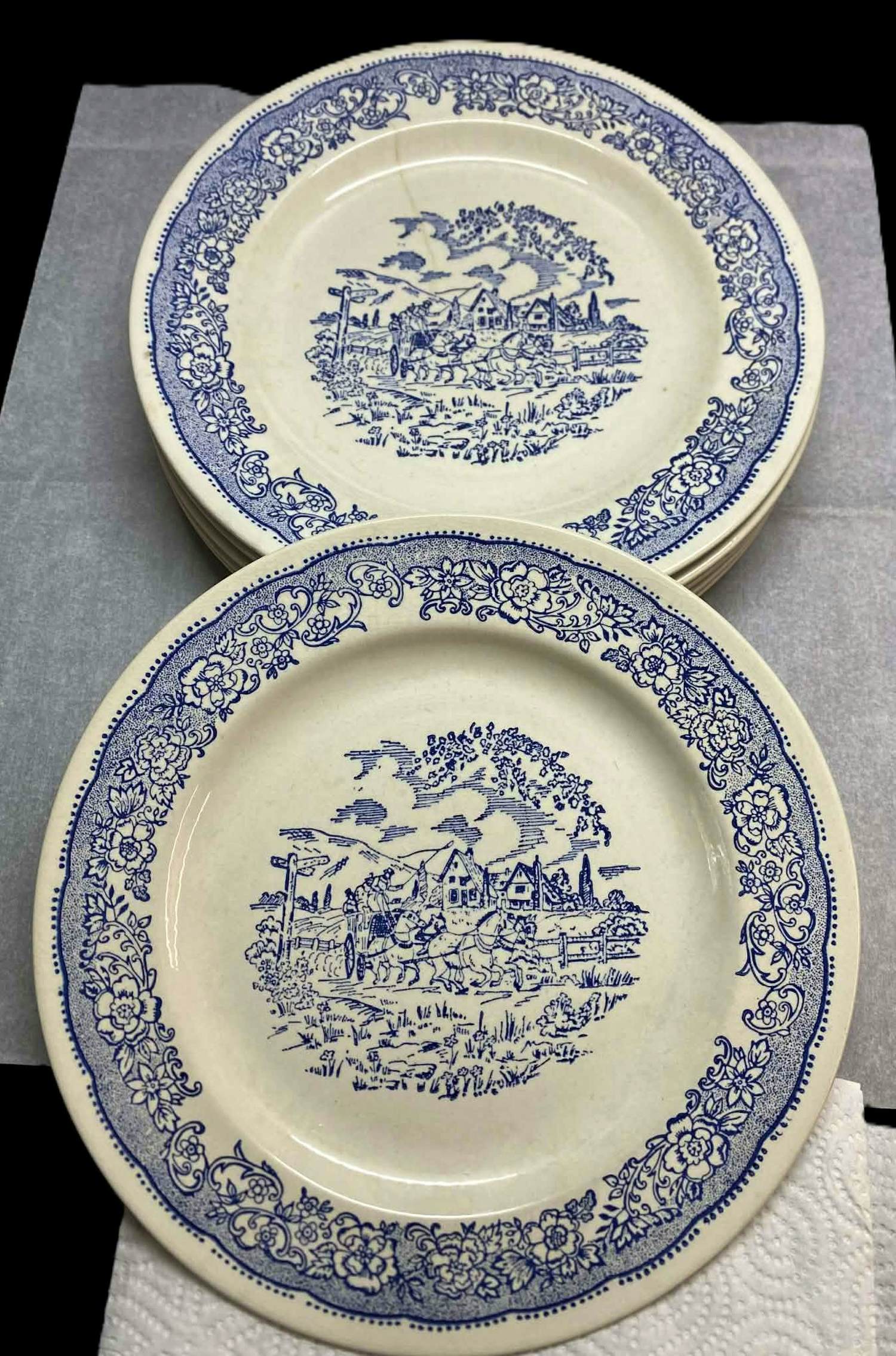 Wedgwood - Set van 6 Antieke Blauw-Witte Dinerborden - Coaching Scenes - 25cm kopen? Bied vanaf 25!