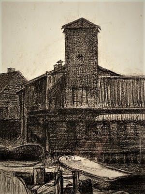 Niet of onleesbaar gesigneerd - Houtskool - 1920 - Amsterdam "het Realen-eiland en Drieharingenbrug kopen? Bied vanaf 1!