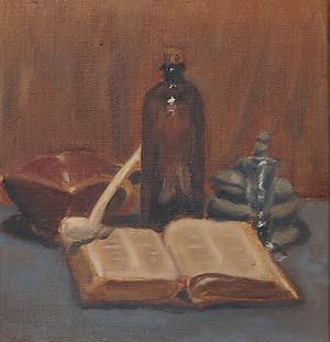 Niet of onleesbaar gesigneerd - Olieverf op board, Stilleven met boek - Ingelijst kopen? Bied vanaf 1!