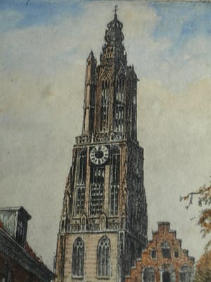 Marius Johannes Janssen - Ingelijste en ingekleurde ets , Onze Lieve Vrouwetoren Amersfoort – ca 1935 kopen? Bied vanaf 1!