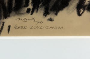 Rinus van der Neut - Houtskool op papier, Kerk bij Zuilingen - Ingelijst kopen? Bied vanaf 50!