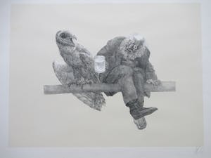 Peter Vos - Oude Man met Uil - Litho kopen? Bied vanaf 100!