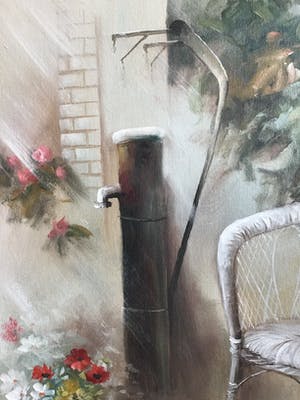 Niet of onleesbaar gesigneerd - Binnenplaats met bloemen. kopen? Bied vanaf 1!