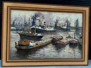 Evert Moll - Ingelijste olieverf: afgemeerde schepen in Rotterdamse haven kopen? Bied vanaf 795!