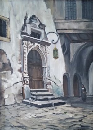 Niet of onleesbaar gesigneerd - olieverf, sfeervol beeld van oude straat kopen? Bied vanaf 1!