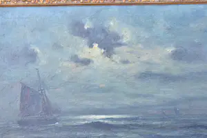 Buy Romain Steppe - Vissersboot onder zeil varend bij maanlicht dicht bij het strand? Bid from 180!