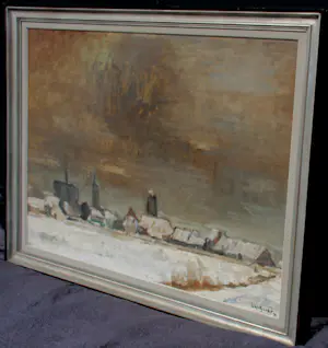 Jose Van Gucht - Olieverf op doek: 'zicht op een besneeuwd landschap' - 1956 kopen? Bied vanaf 299!