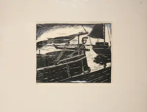 Niet of onleesbaar gesigneerd - Linosnede, Zeilschepen in de haven kopen? Bied vanaf 1!