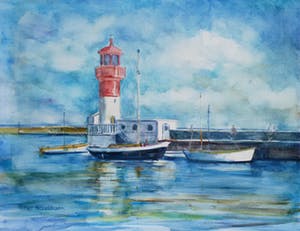 Piet Middelhoek - Vuurtorentje met vissersschepen, aquarel kopen? Bied vanaf 30!