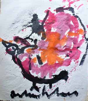 Anton Heyboer - De oervogel krachtige kleurige schildering . verkocht voor € 250!