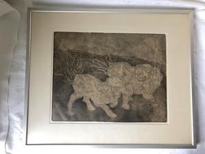 Paula Sluiter - Chinese Leeuwen - Ets/aquatint, Ingelijst kopen? Bied vanaf 75!