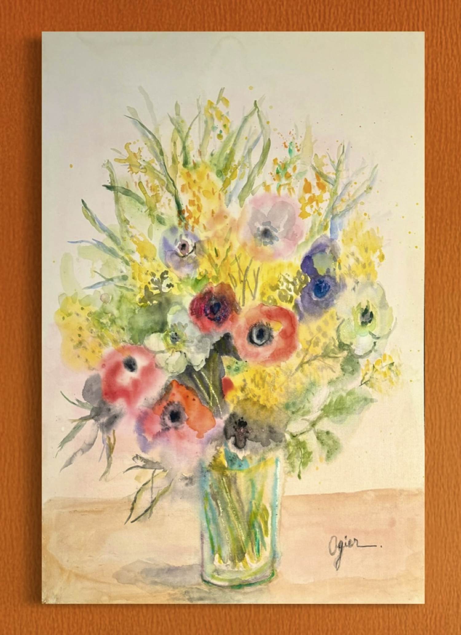 Marie Louise Ogier - Anemonen und Mimosen – großes, hochwertiges Ölgemälde kopen? Bied vanaf 150!